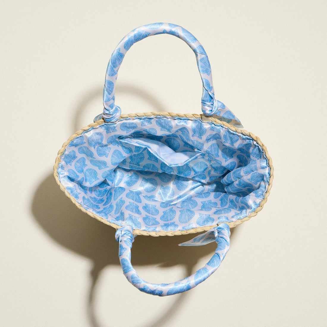Blue Shell Raffia Bag with Scarf Handles