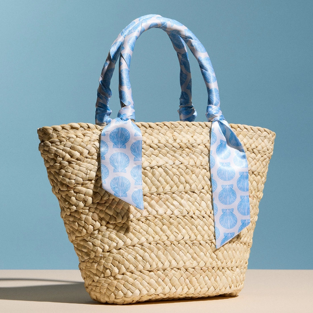 Blue Shell Raffia Bag with Scarf Handles