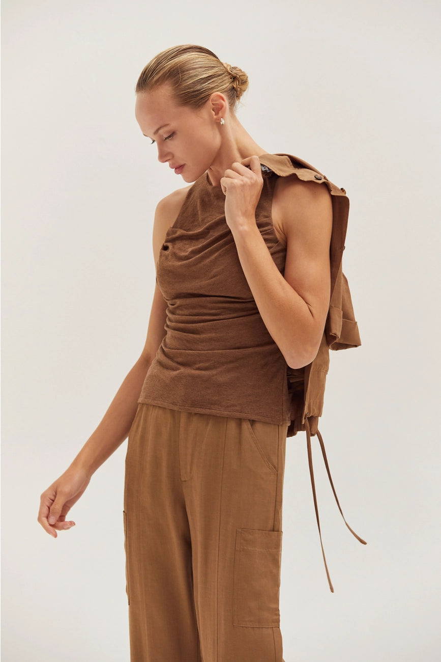 Brown Shirred Knit Top