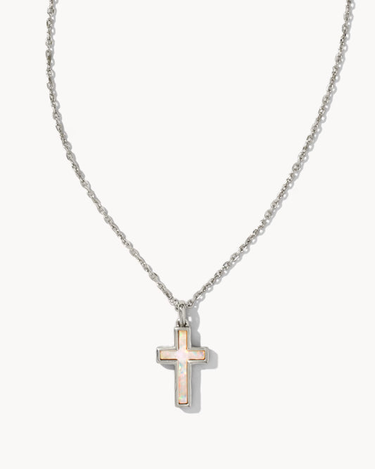 Kendra Scott Cross Silver Pendant Necklace in White Opal