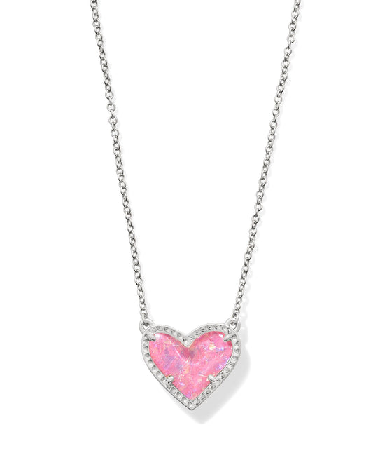 Kendra Scott Ari Heart Pendant Necklace in Silver Pink Glitter Glass