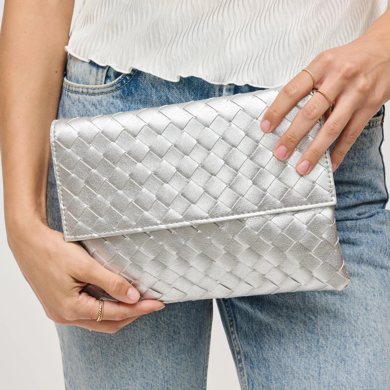 Metallic Silver Woven Clutch