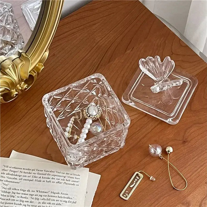 Butterfly Square Carved Glass Jar