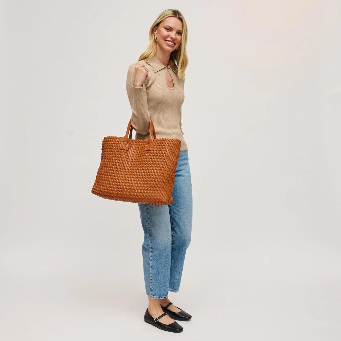 Tan Ithaca Woven Vegan Leather Tote