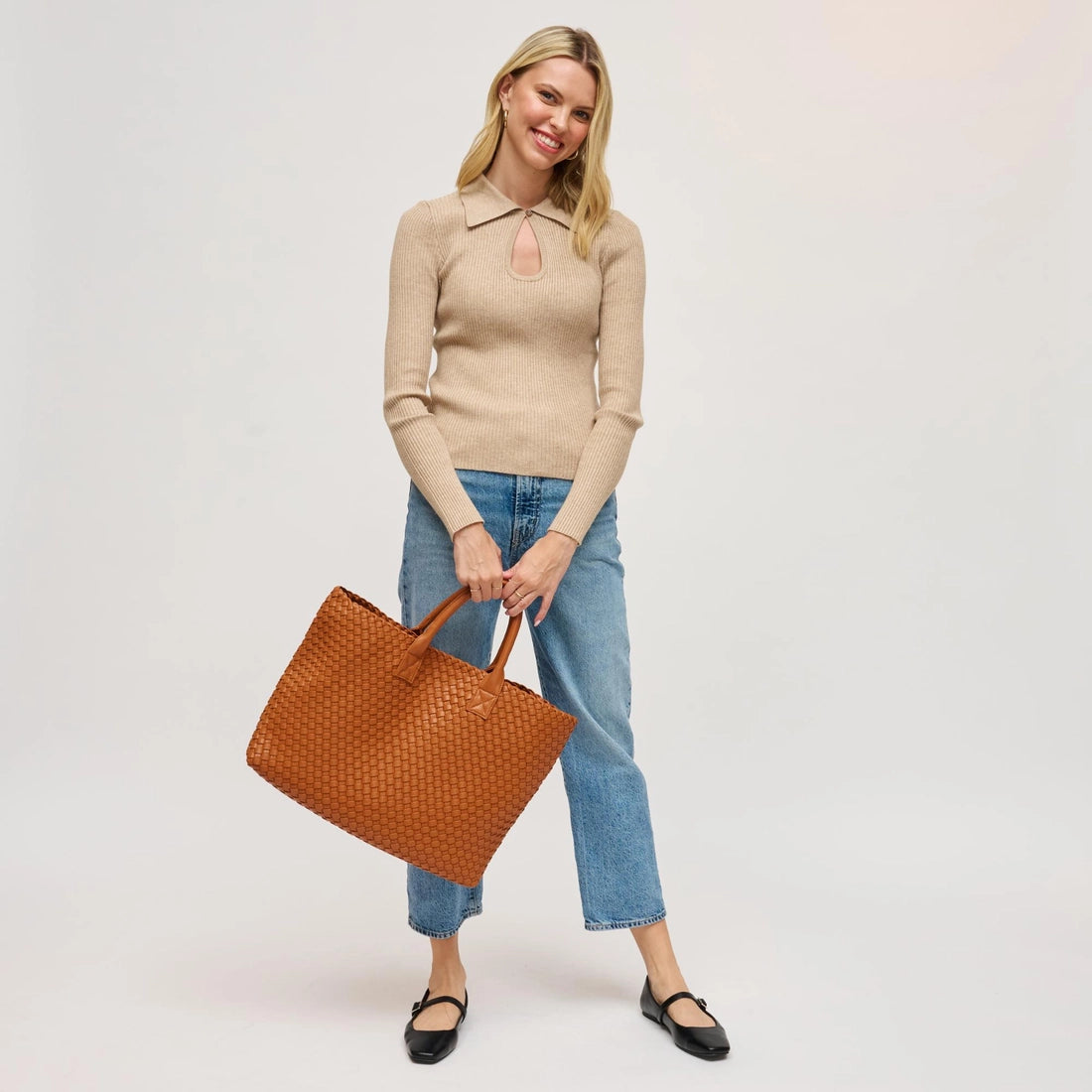 Tan Ithaca Woven Vegan Leather Tote