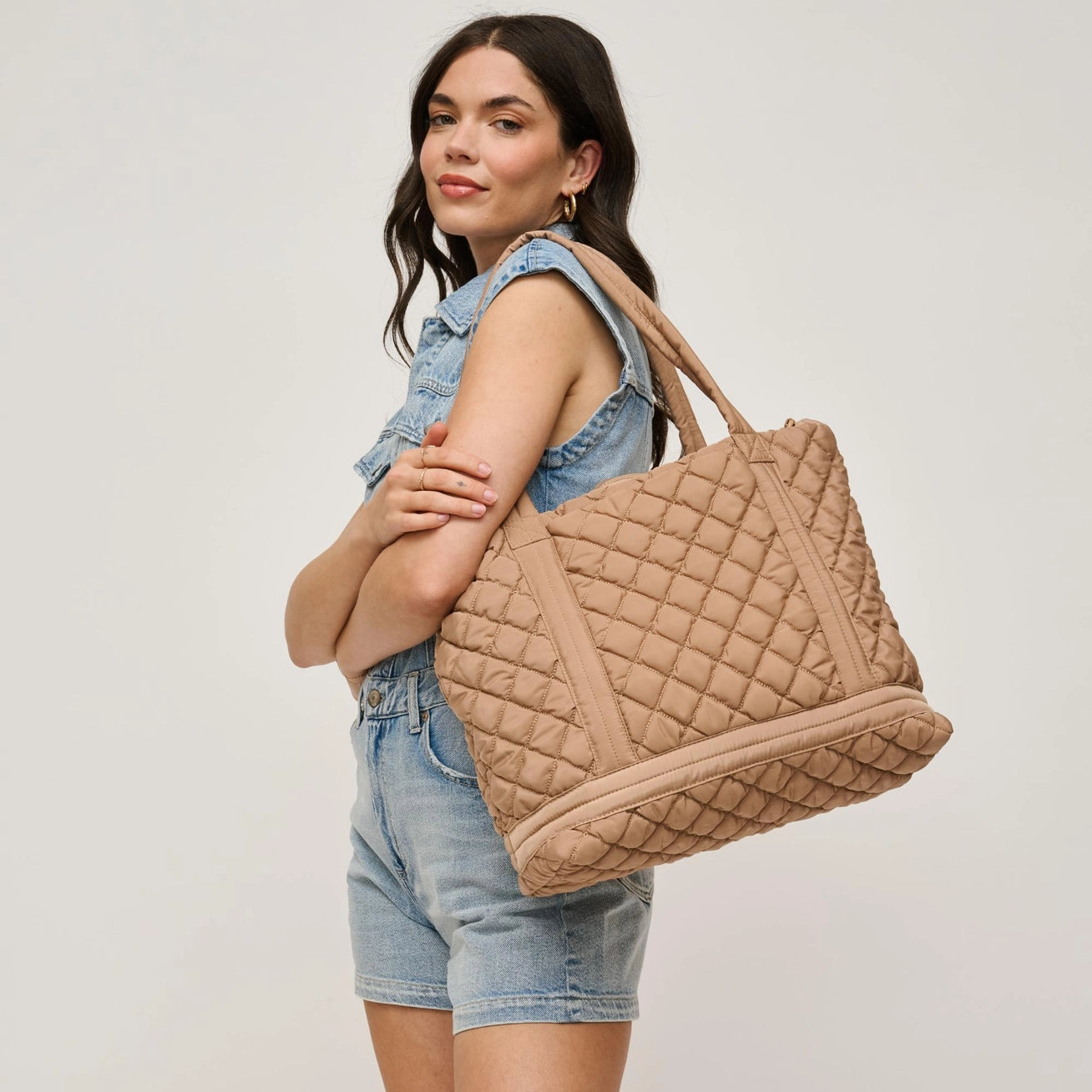 Tan Quilted Nylon Travel Tote