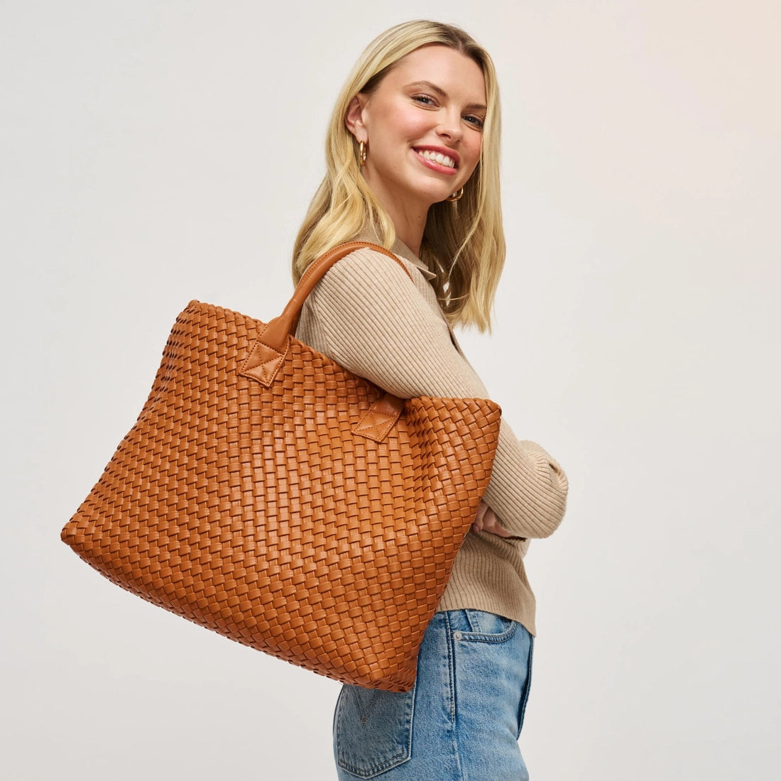 Tan Ithaca Woven Vegan Leather Tote