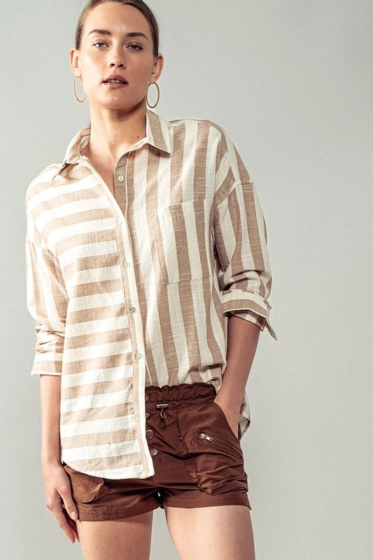 Vertical and Horizontal Striped Shirt in Taupe