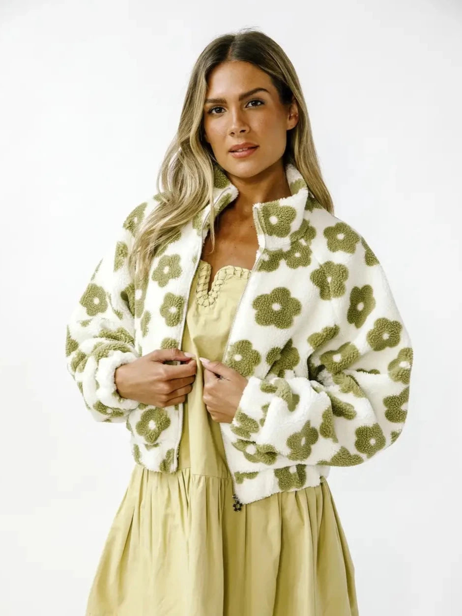 Cream and Green Daisy Teddy Zipper Jacket