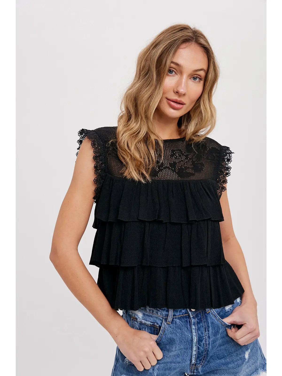 Black Tiered Ruffle Babydoll Blouse Top
