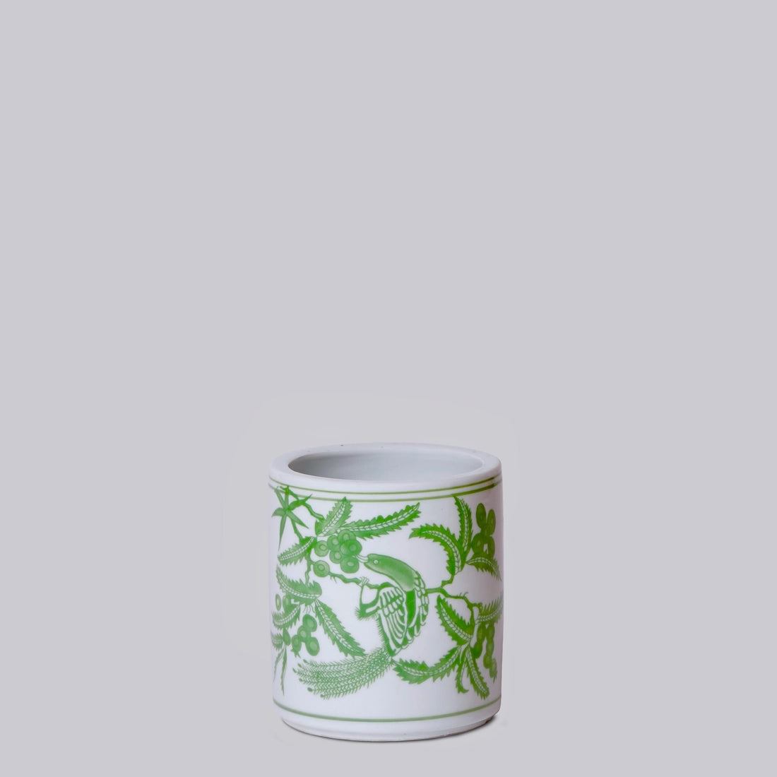 Tiny Green and White Porcelain Bird and Flower Cachepot