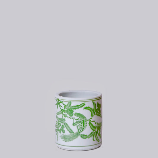 Tiny Green and White Porcelain Bird and Flower Cachepot