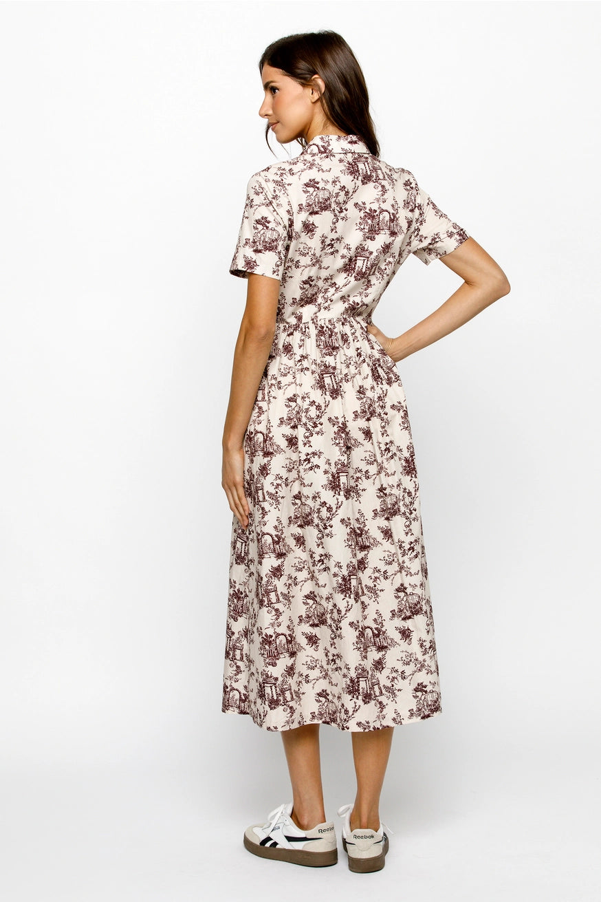 Burgundy and Cream Toile Garden Print Midi Dress