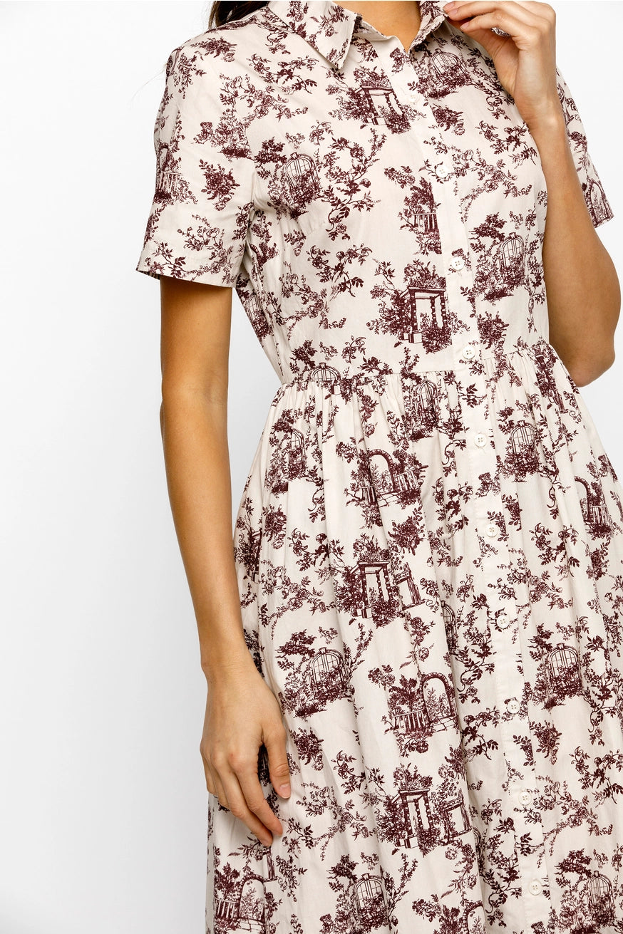 Burgundy and Cream Toile Garden Print Midi Dress