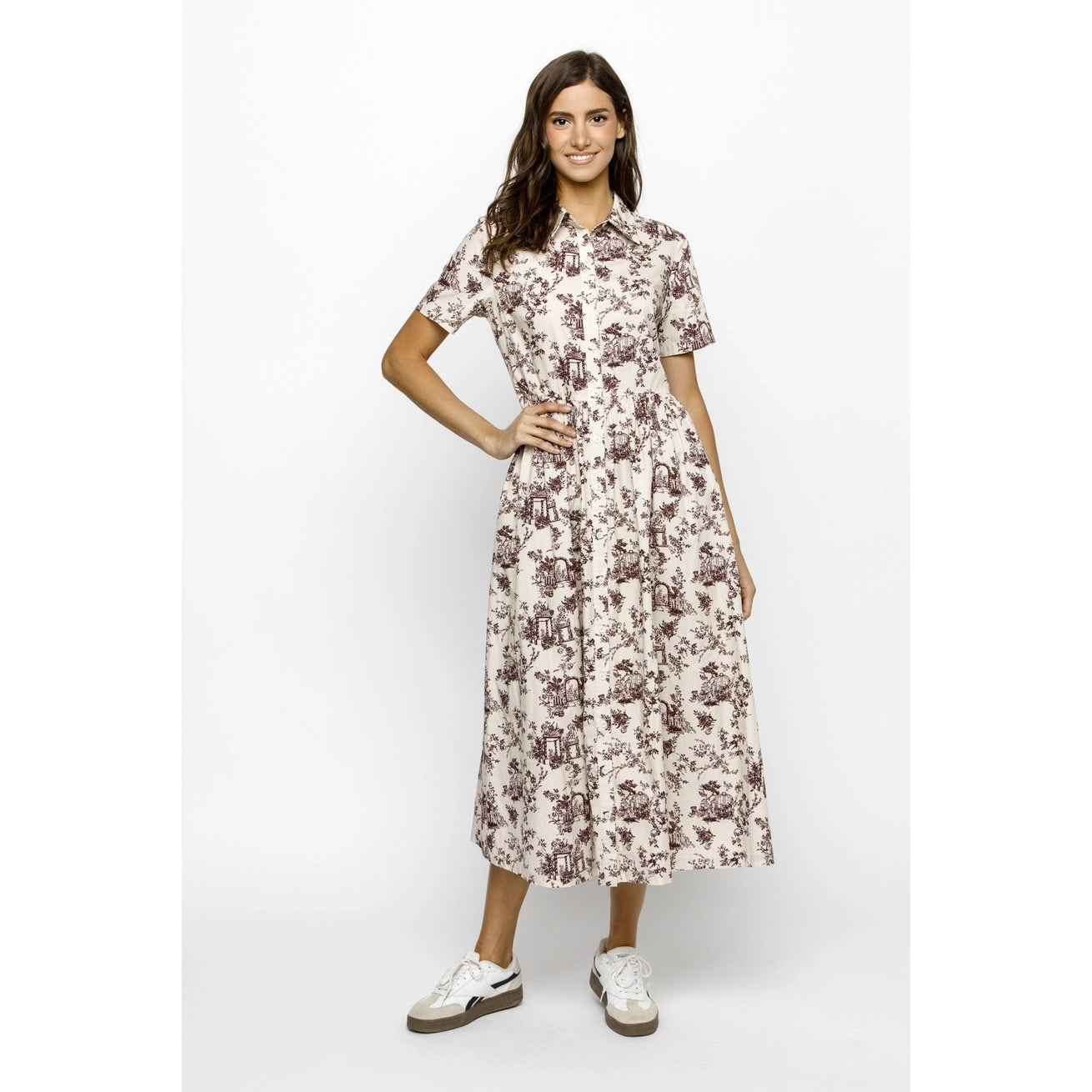 Burgundy and Cream Toile Garden Print Midi Dress