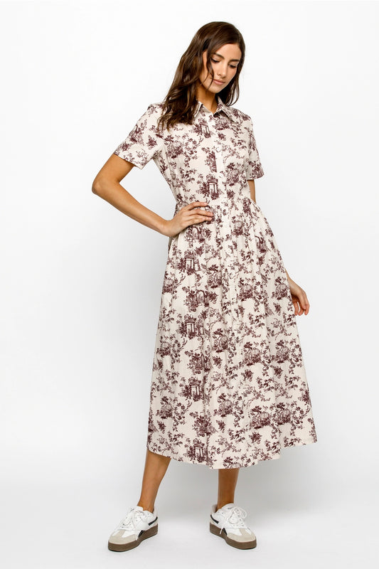 Burgundy and Cream Toile Garden Print Midi Dress