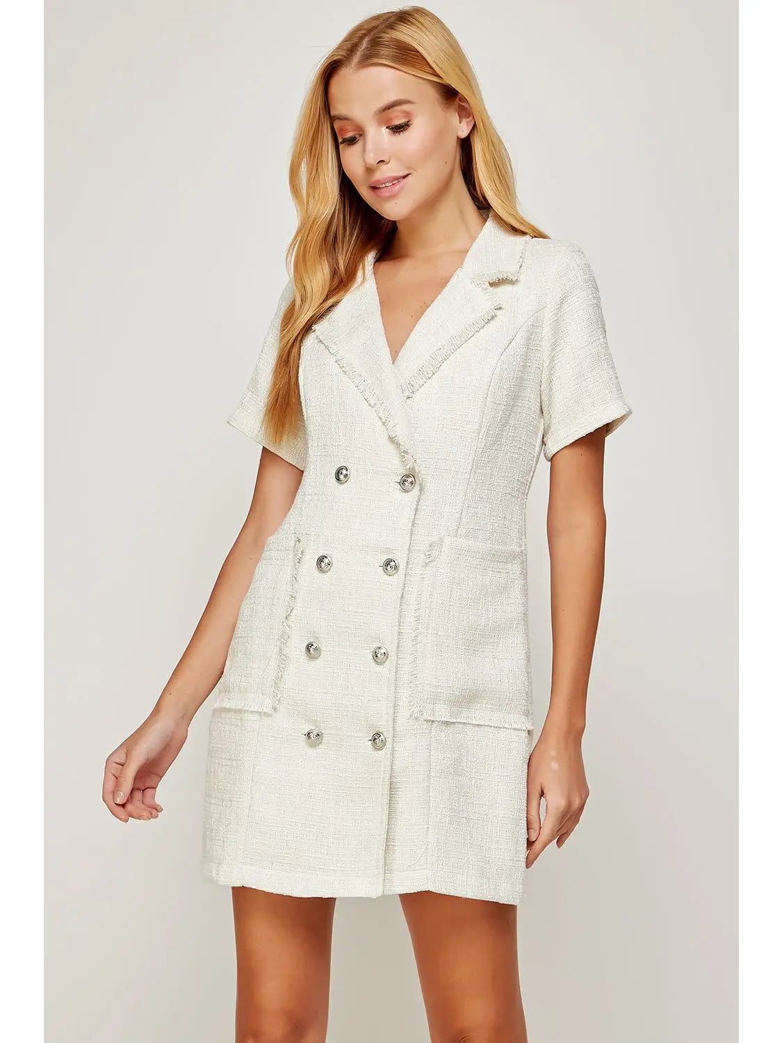 White Short Sleeve Tweed Jacket Mini Dress