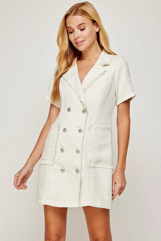 White Short Sleeve Tweed Jacket Mini Dress