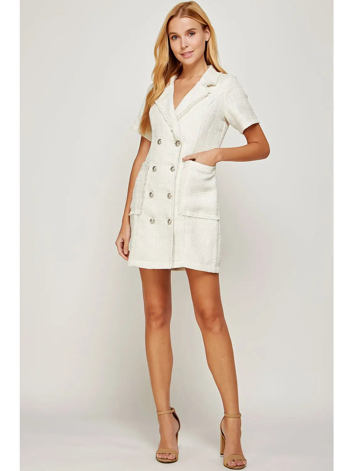 White Short Sleeve Tweed Jacket Mini Dress
