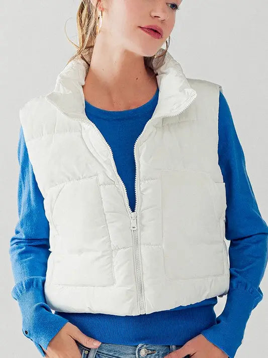 White Stand Collar Quilt Cropped Puffer Vest