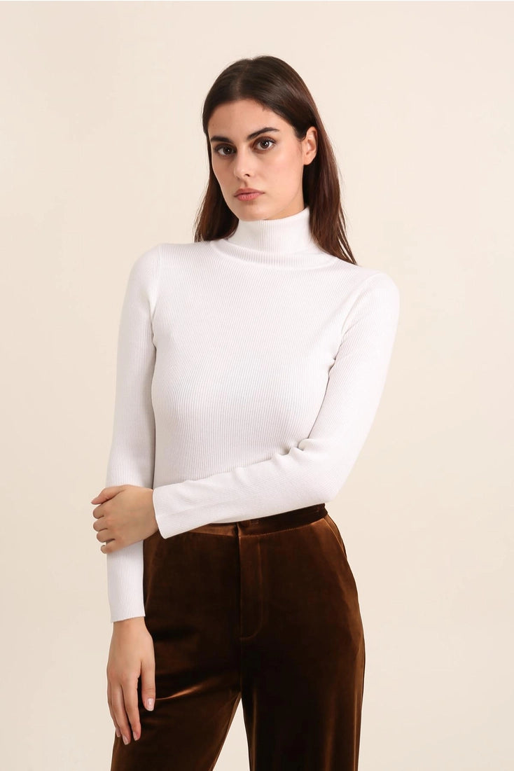 Wool Turtleneck Ribbed Sweater In Off White