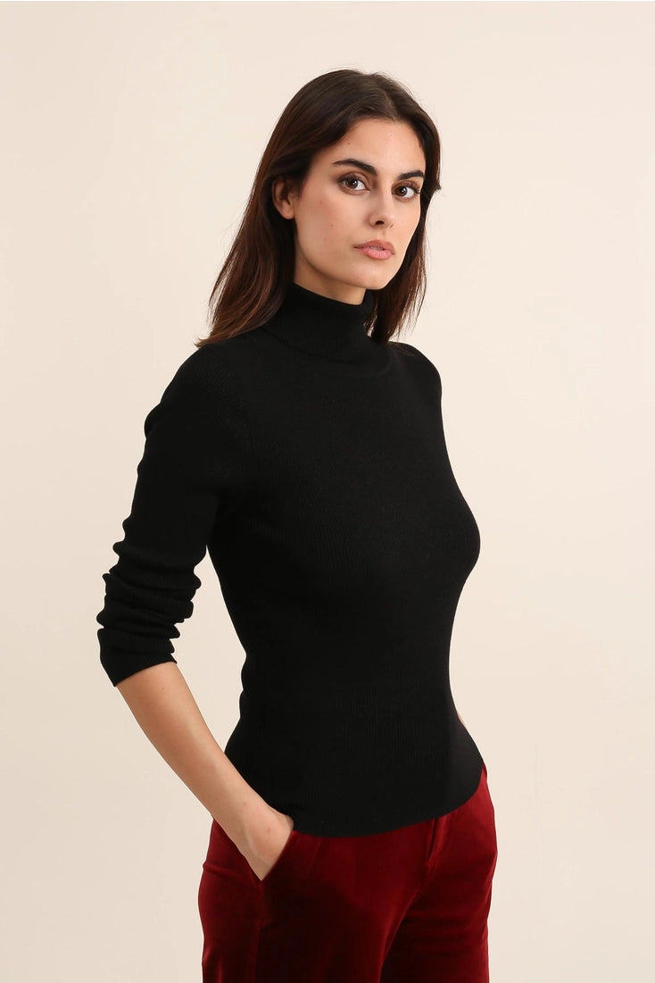 Wool Turtleneck Ribbed Sweater In Black