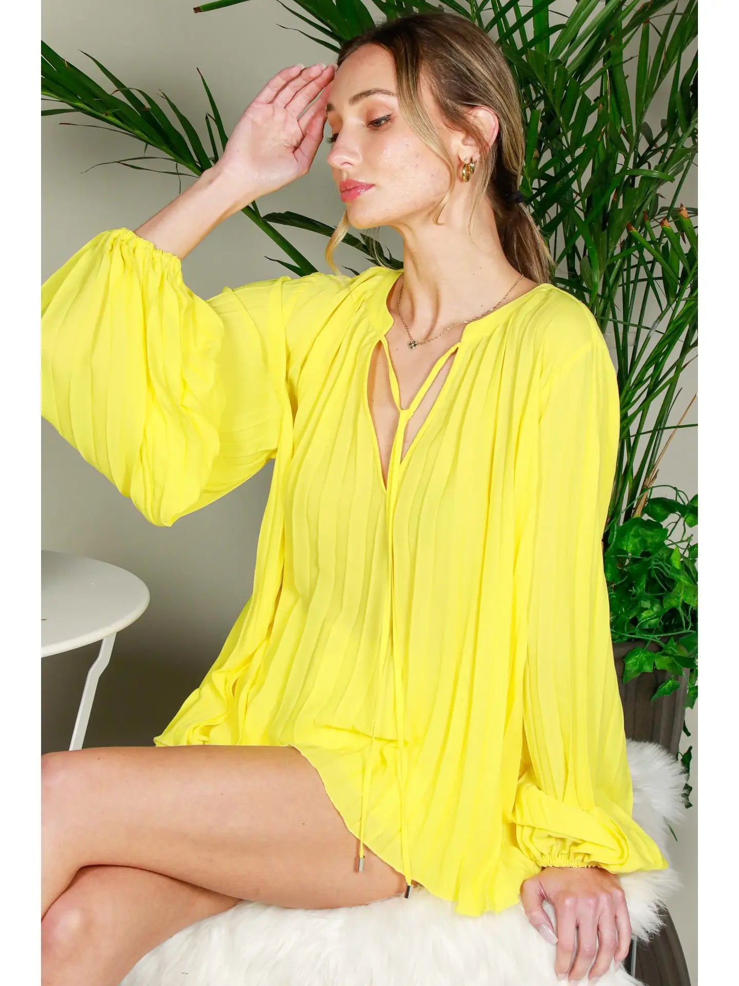 Yellow Pleated Flowy Blouse