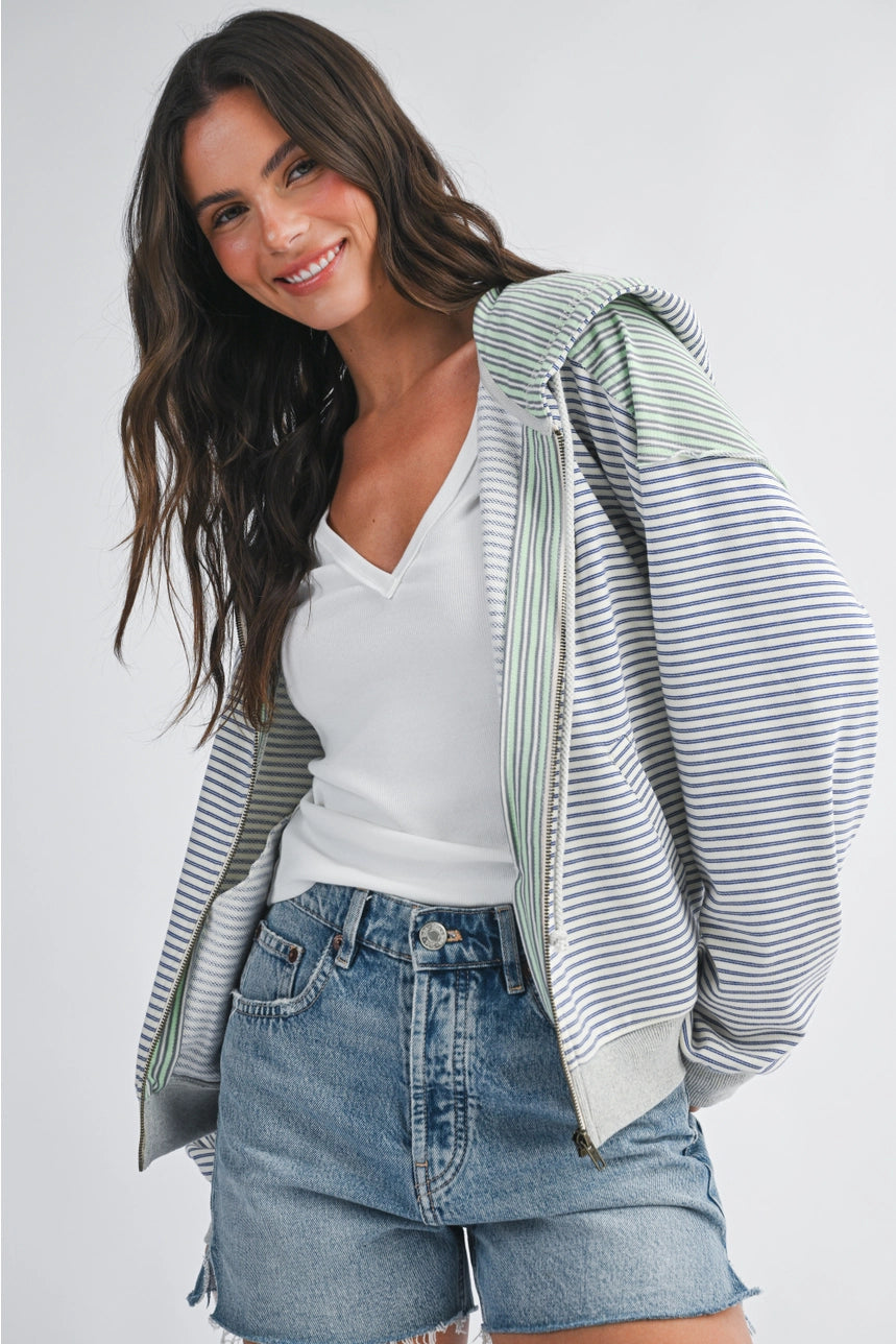 Blue And Green Stripe Zip Hoodie