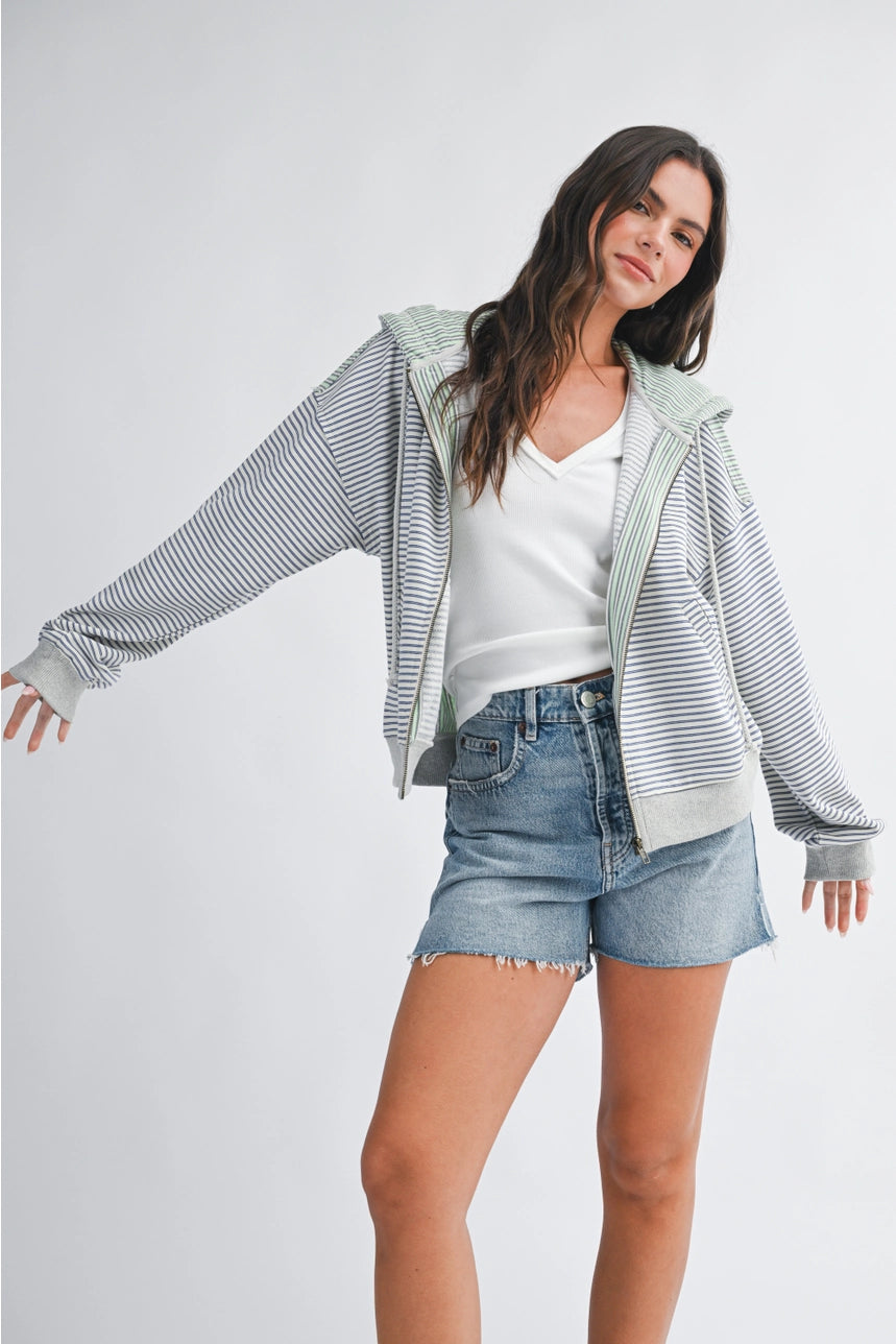 Blue And Green Stripe Zip Hoodie
