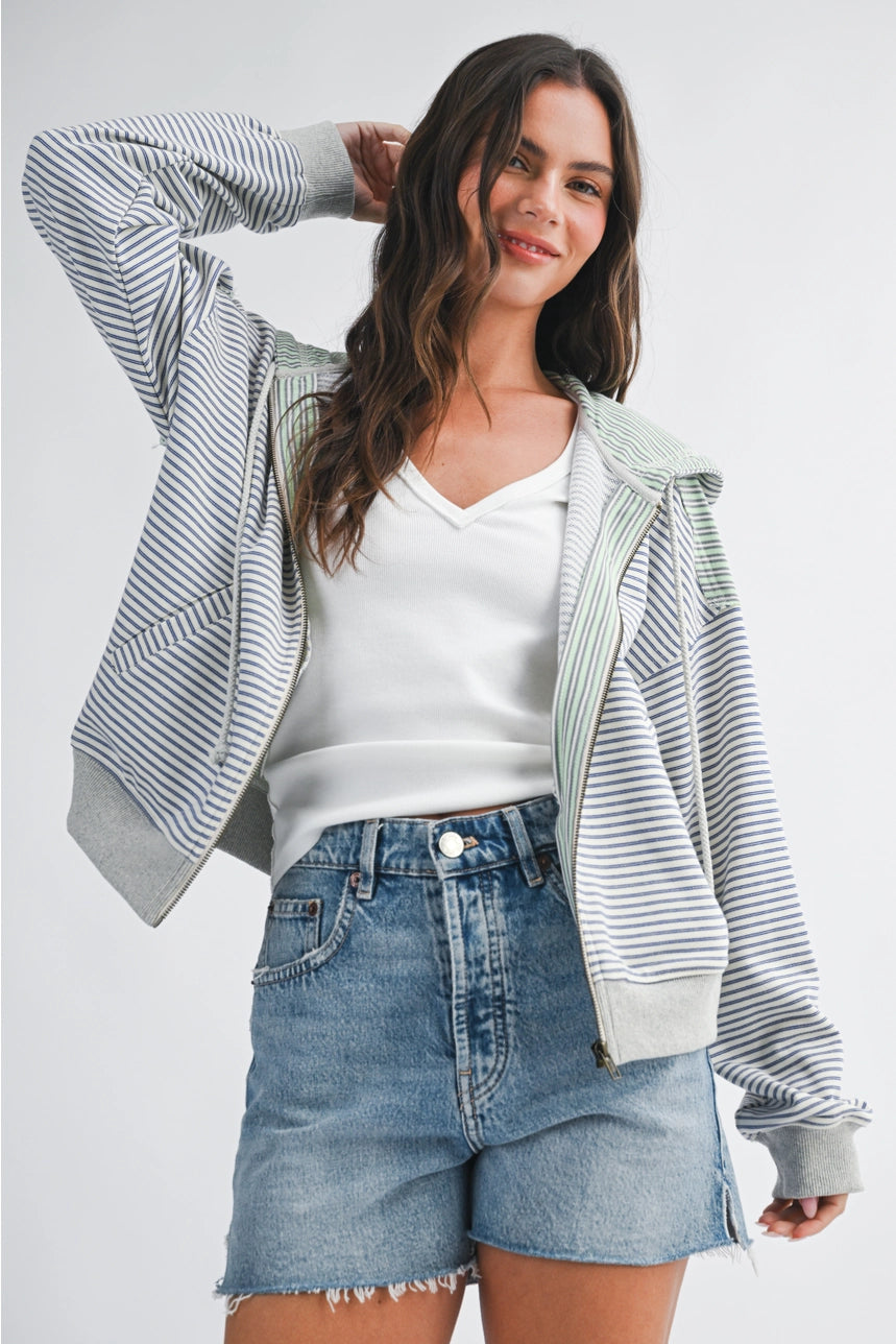 Blue And Green Stripe Zip Hoodie