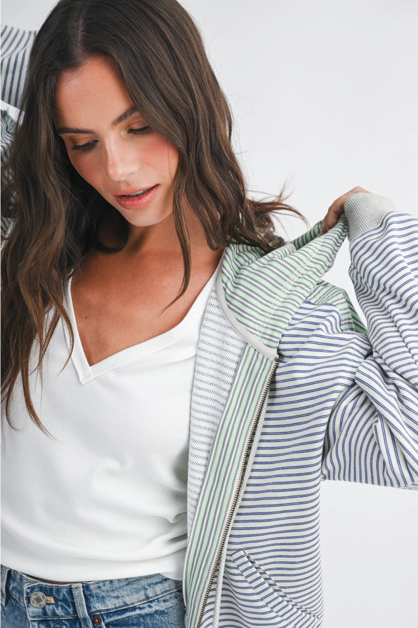 Blue And Green Stripe Zip Hoodie