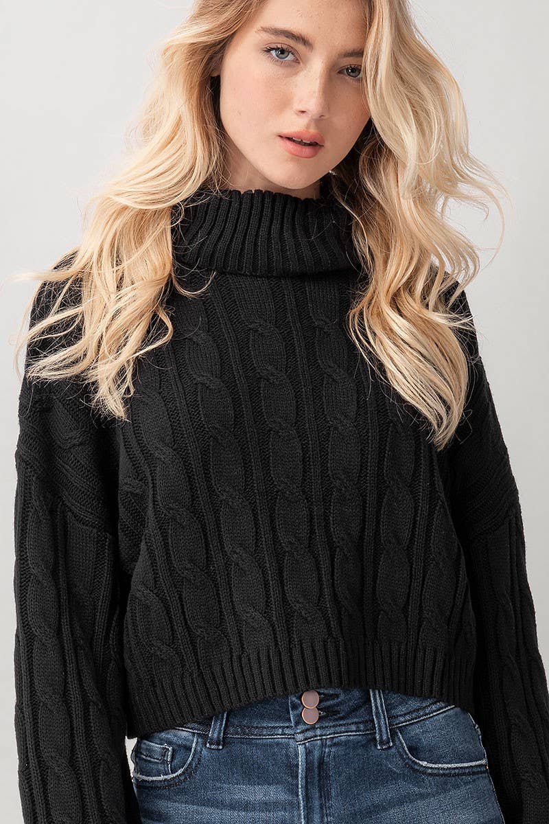 Cropped Black Turtleneck Twist Sweater