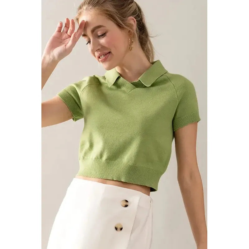 Light Green Short Sleeve Ribbed Trim Polo Crop Top