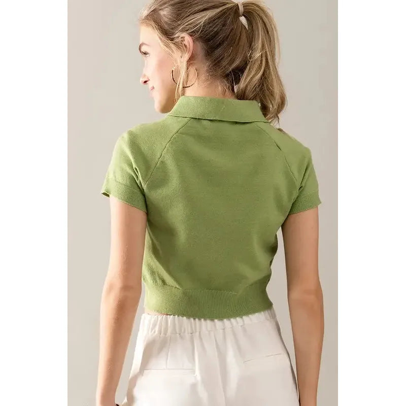 Light Green Short Sleeve Ribbed Trim Polo Crop Top