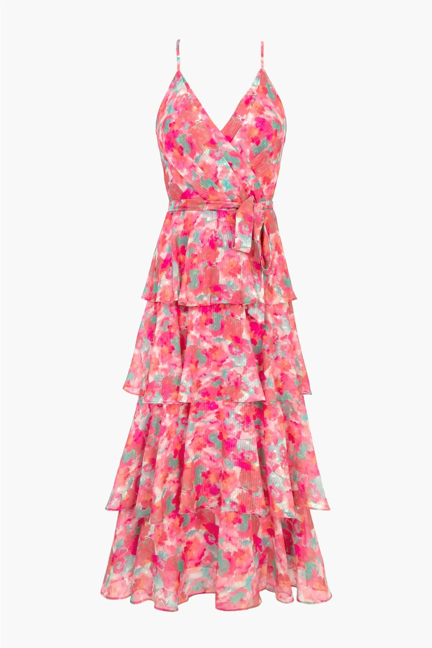 Bright Flowy Tiered Rose Coral Maxi Dress