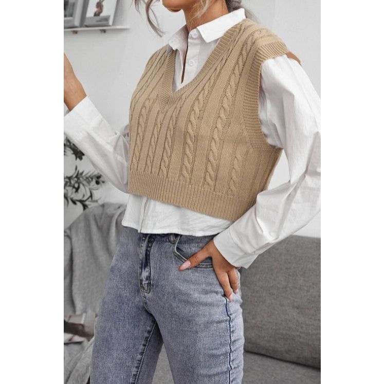 Beige Cable Knit V-Neck Sweater Vest