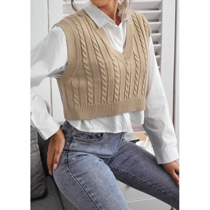Beige Cable Knit V-Neck Sweater Vest