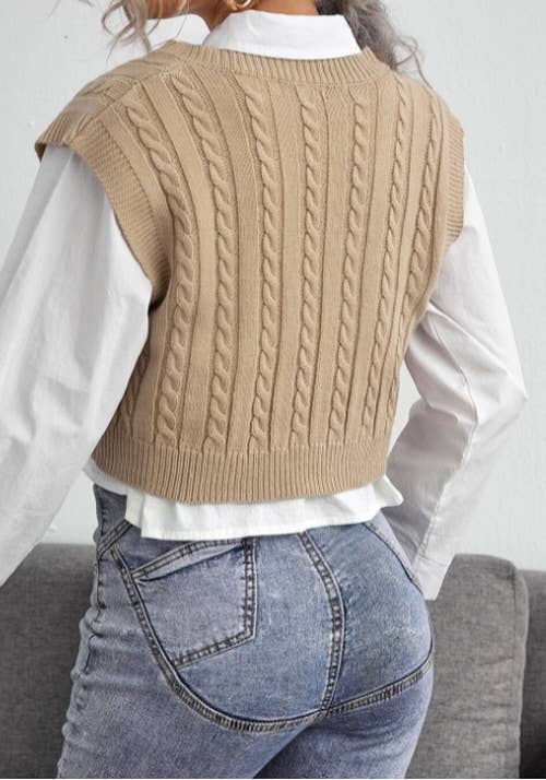 Cable knit v-neck sweater vest in beige