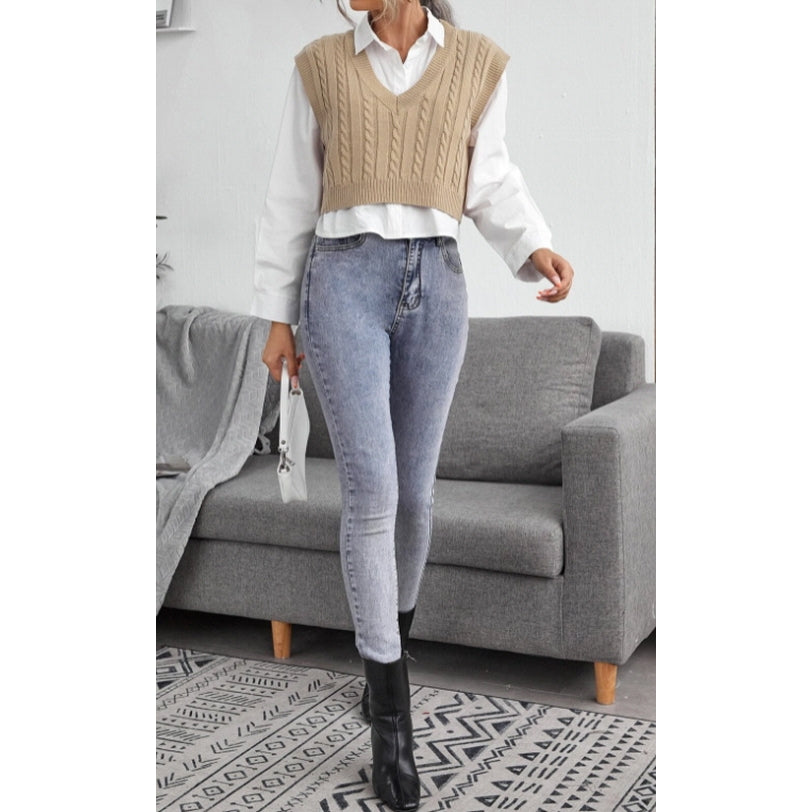 Beige Cable Knit V-Neck Sweater Vest