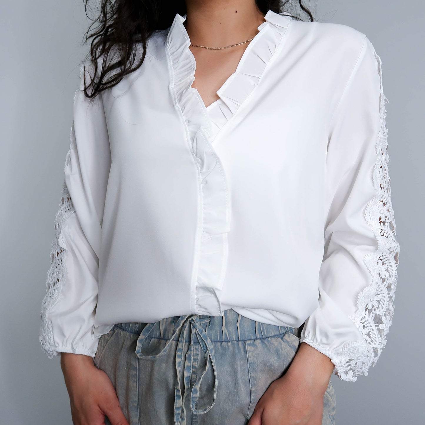 White Lace Sleeves and Ruffled Collar Blouse