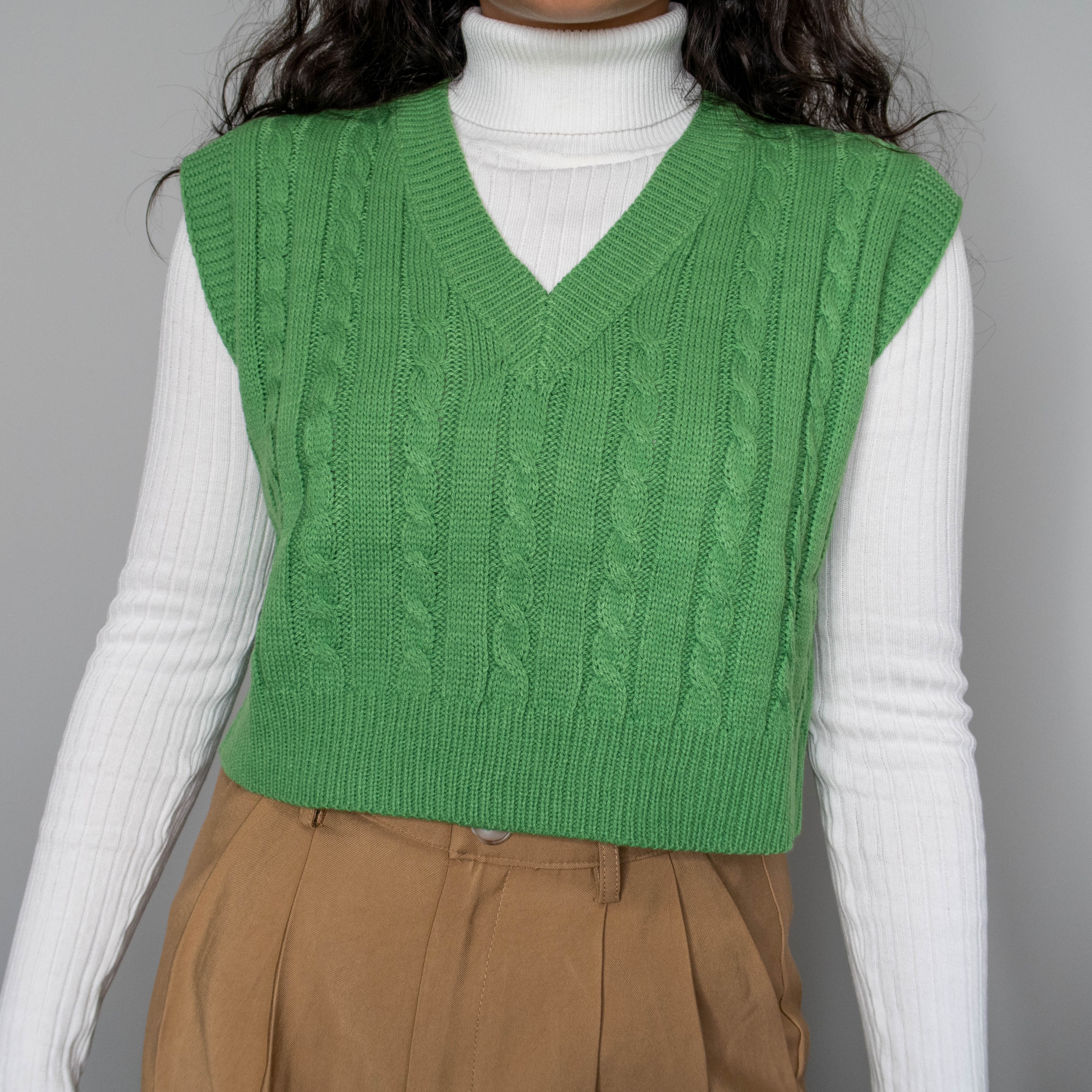 Green Cable Knit V-Neck Sweater Vest