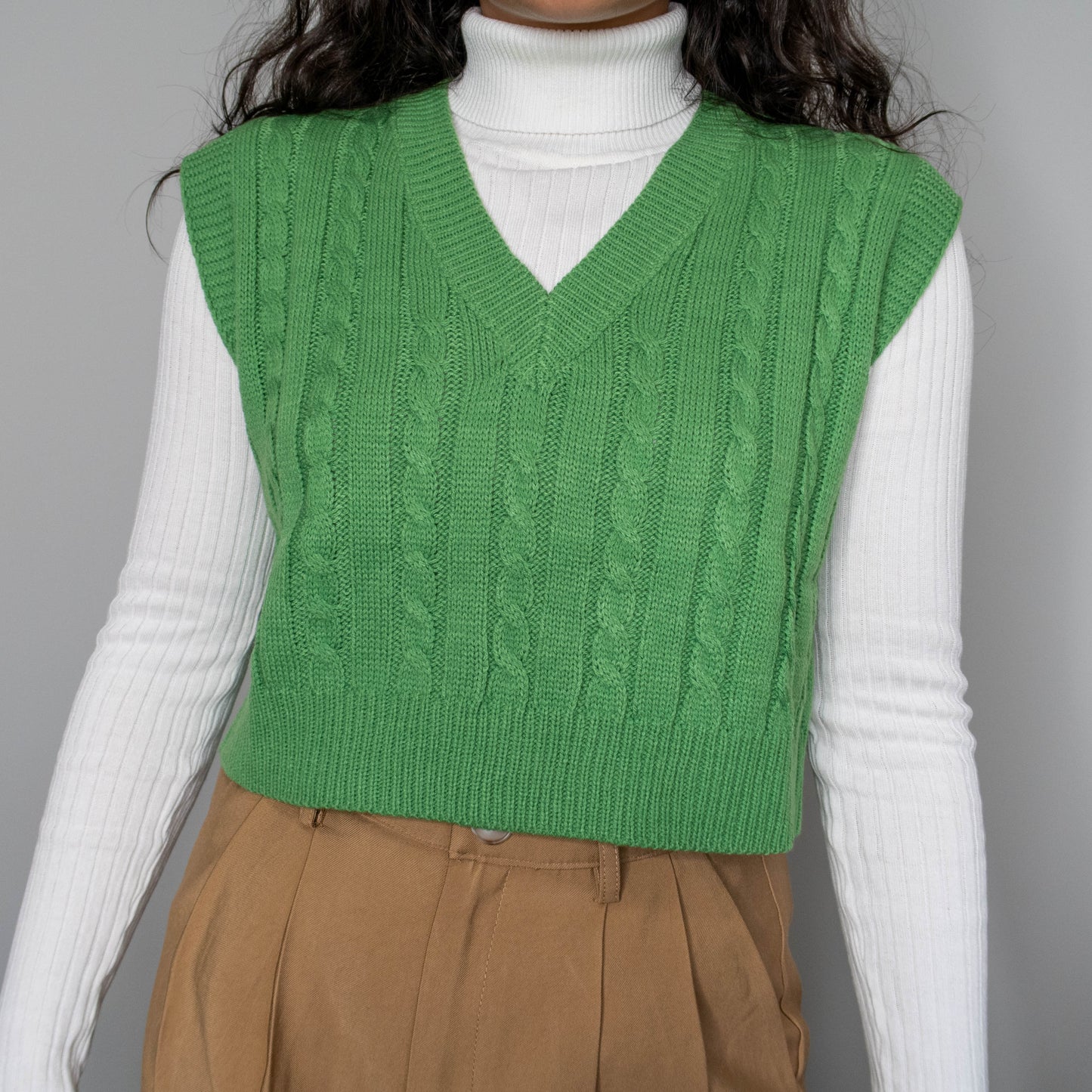 Green Cable Knit V-Neck Sweater Vest