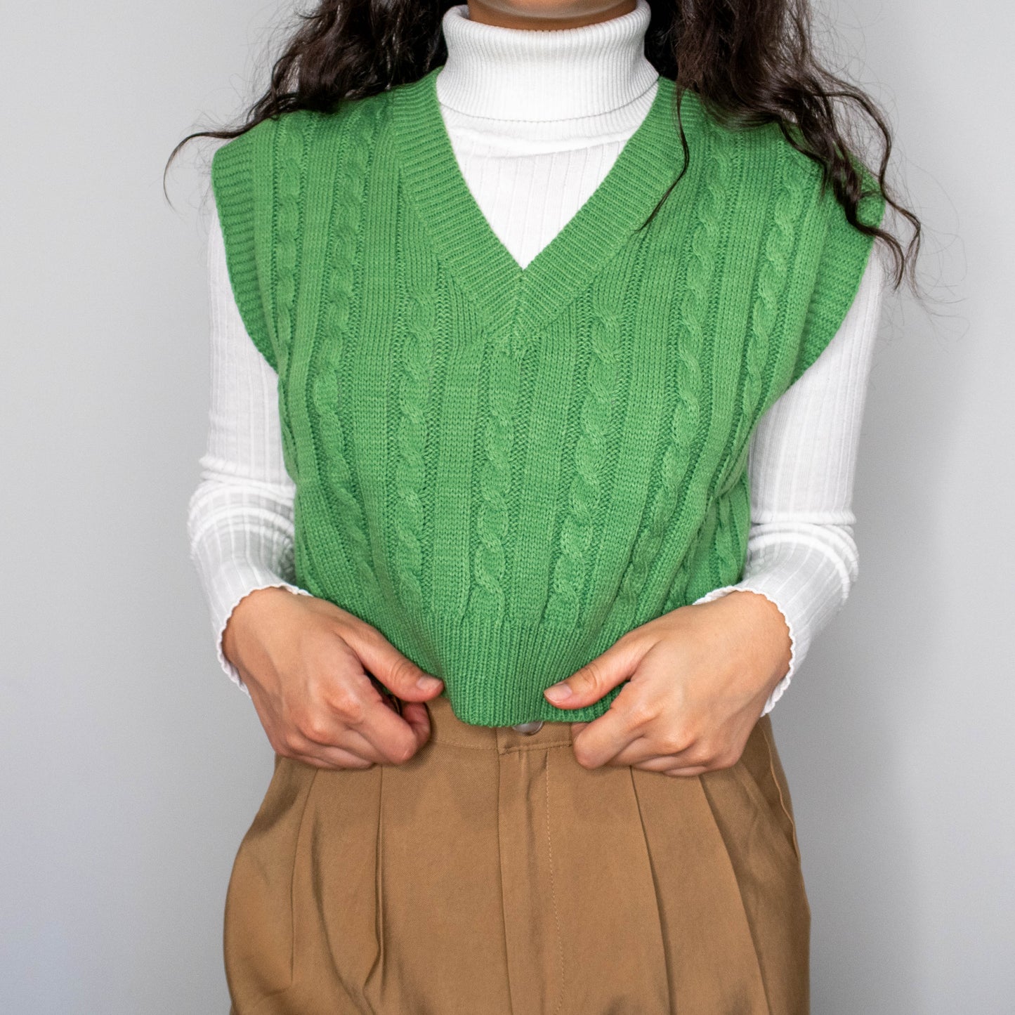 Green Cable Knit V-Neck Sweater Vest