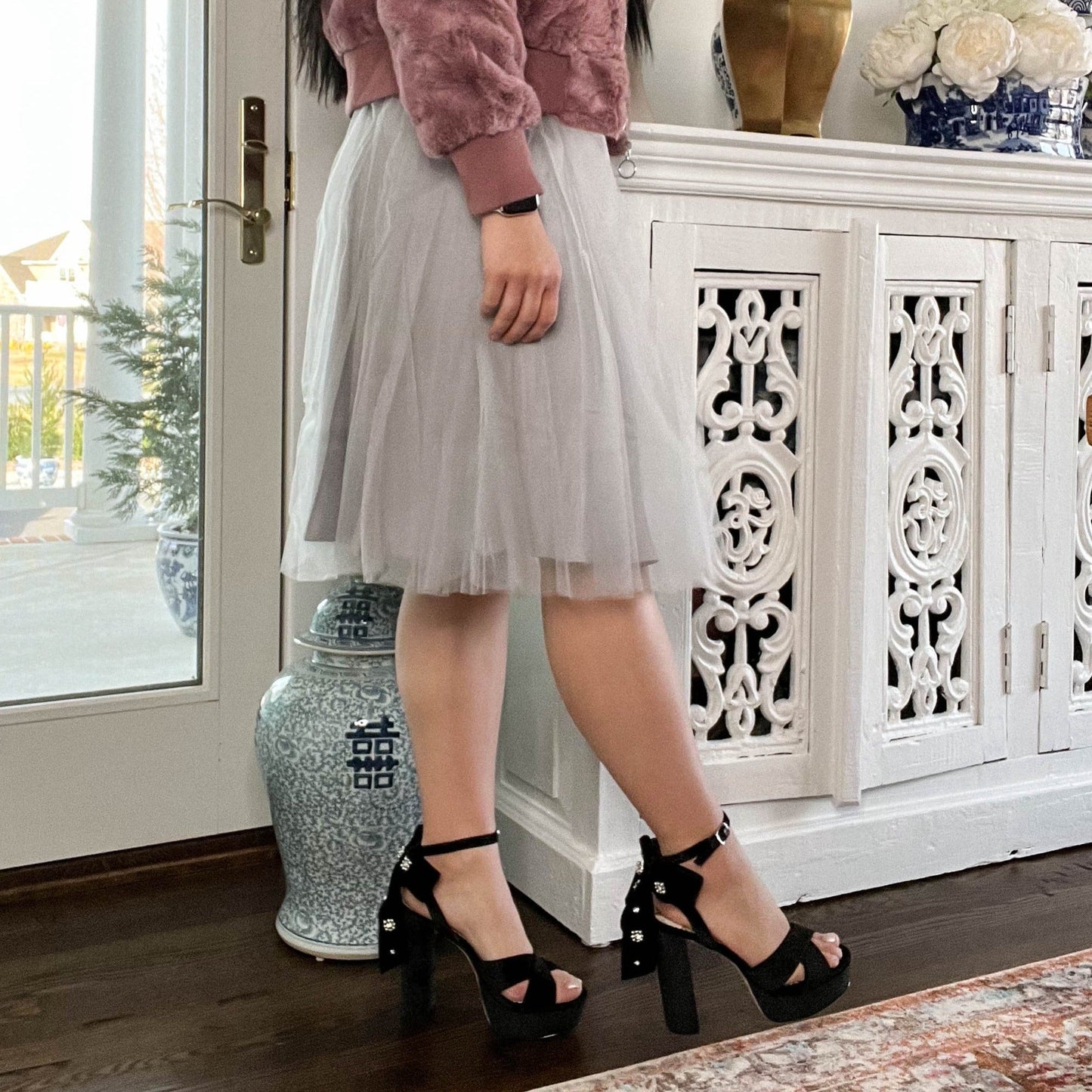 Earl Grey Layered Tulle Midi Skirt