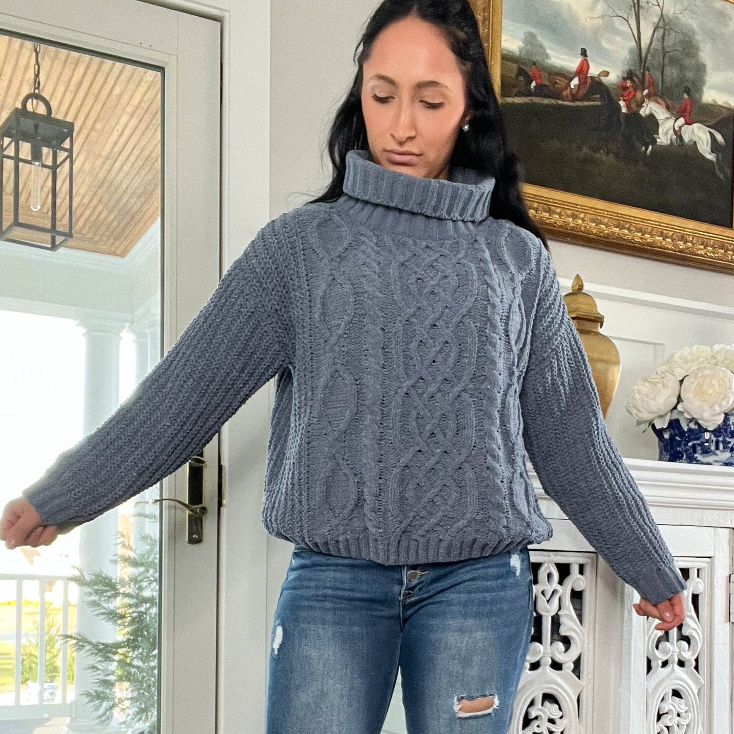 Grey Chunky Twist Knit Turtleneck Sweater