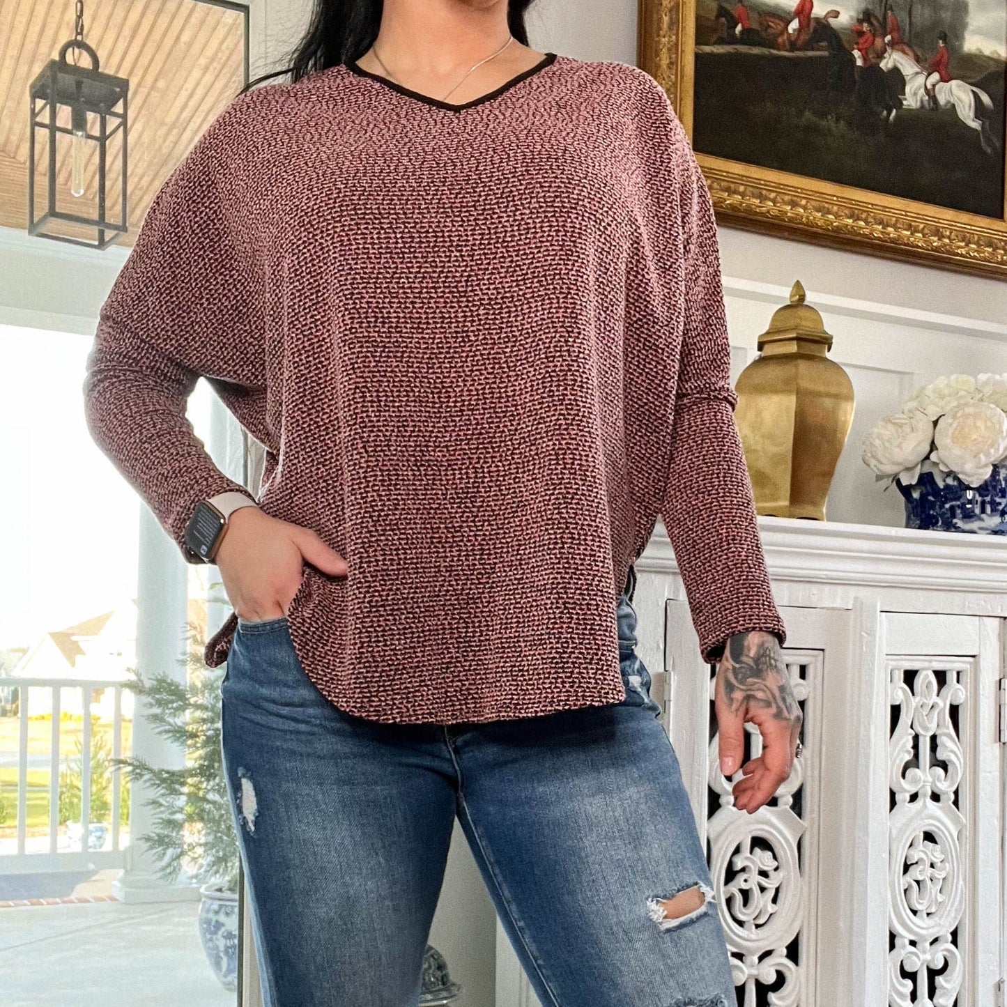 Rust High Low Ribbed Long Sleeve Top