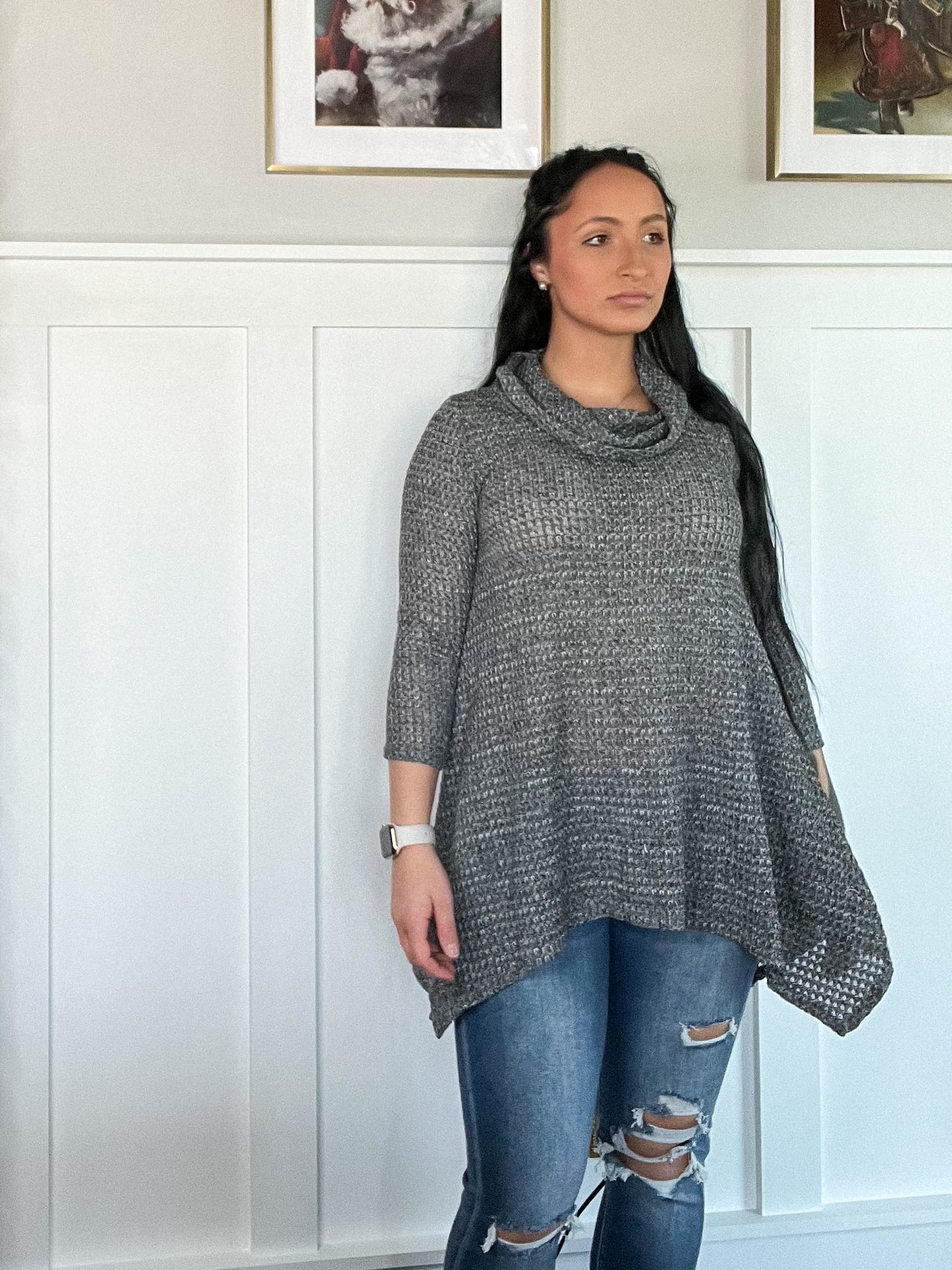 Charcoal Flowy 3/4 Sleeve Lightweight Knitted Sweater