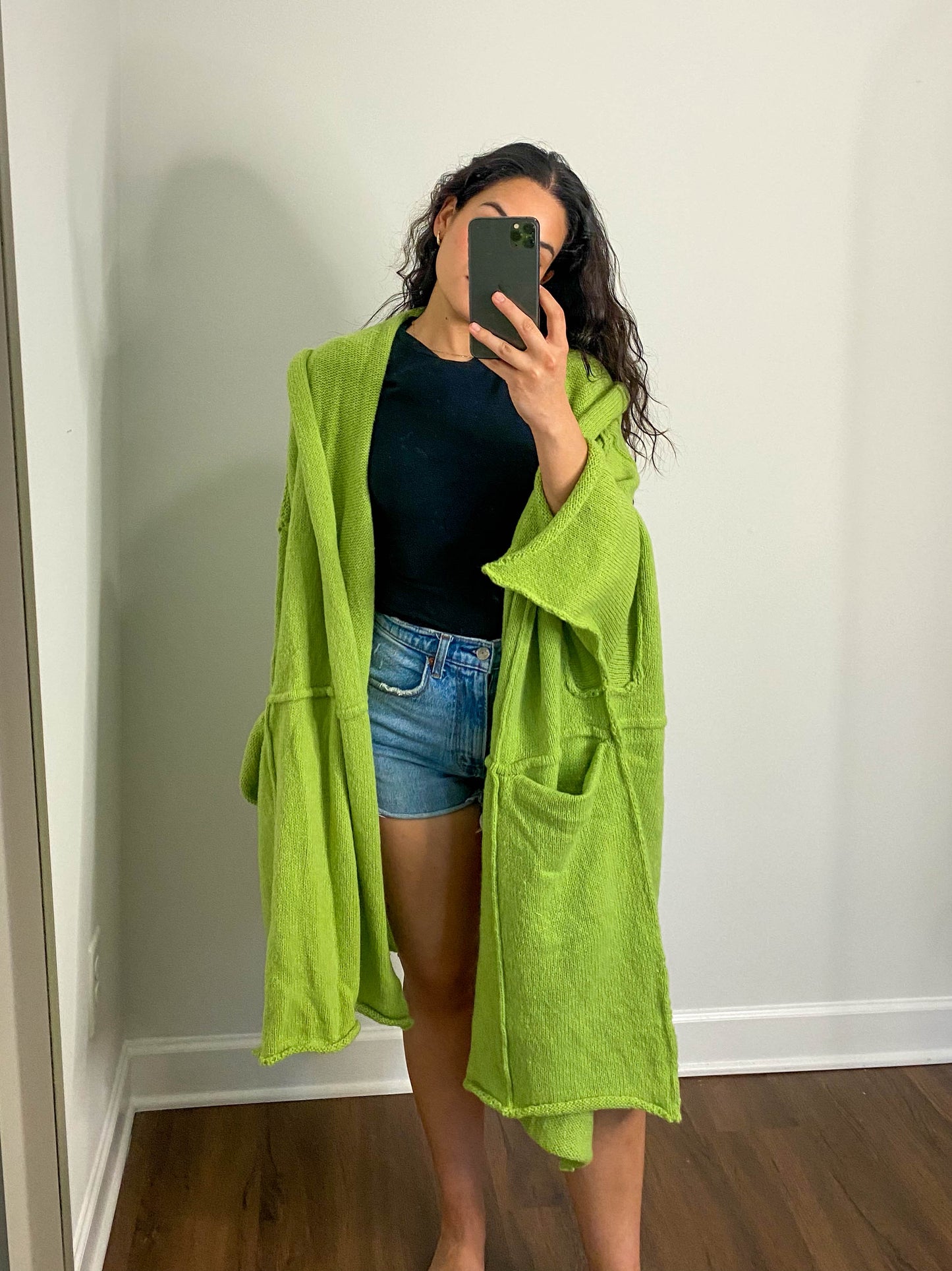 Green Oversize Open Front Hooded Cardigan