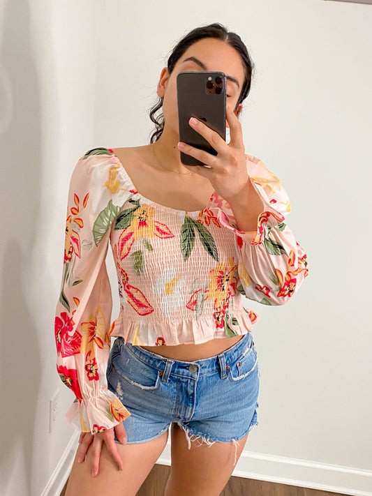 Tropical Floral Smocked Ruffle Cropped Top
