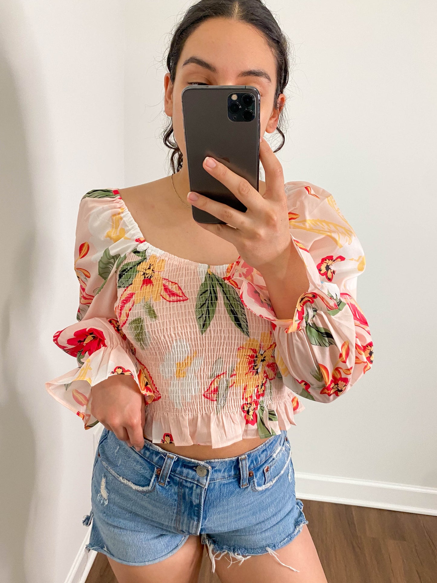 Tropical Floral Smocked Ruffle Cropped Top